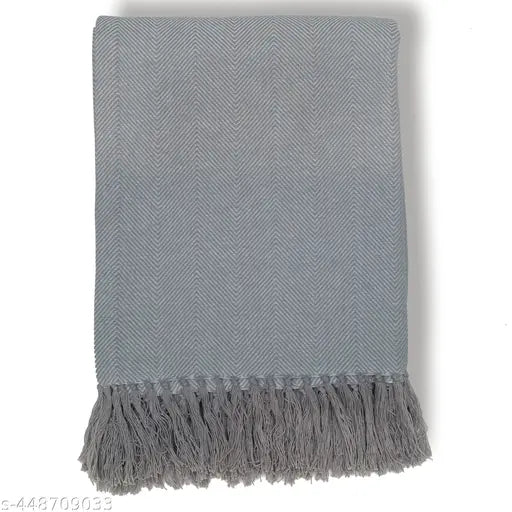 Grey herringbone cotton throw, elegant woven design with charming flower border, reversible and soft against skin, India origin