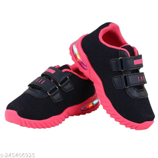 Black mesh with pink velcro straps and LED lights kids sports shoes