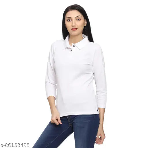 White pique cotton regular fit T-shirt, three-quarter sleeves, for women and girls from Roarers Casual Wear