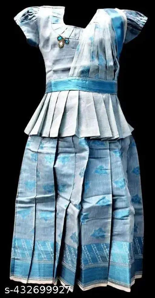 TrendyKidz Pattu Pavadai, Art Silk lehenga-choli for kids girls. Zari woven with short sleeves and semi-stitched net. South Indian traditional attire." (108 characters)