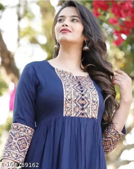 Navy blue rayon three-quarter sleeve Anarkali Kurti with printed border, ideal for various occasions when accessorized correctly. Made by Sparsh Collections in India