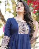 Navy blue rayon three-quarter sleeve Anarkali Kurti with printed border, ideal for various occasions when accessorized correctly. Made by Sparsh Collections in India