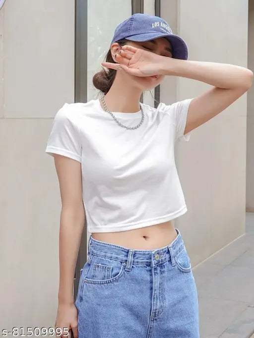 White cotton crop tee, short sleeves, printed pattern for women's casual wardrobe, India-origin