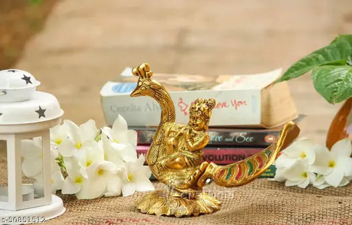 Antique metal sitting Gopal idol figurine statue on peacock, showpiece for puja and vastu decoration