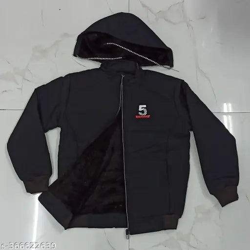 Dark blue and black TPU jacket with a hood, visible brand logo on chest area