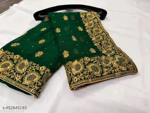 Green embroidered georgette sari