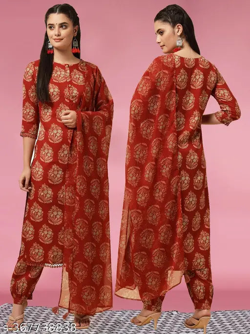 Rayon printed women's kurta set with Georgette dupatta, three-quarter sleeve length, rayon fabric. Indian traditional clothing for women