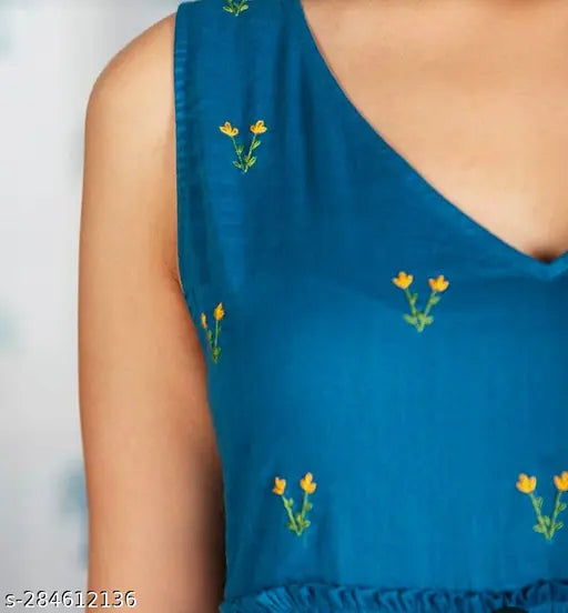 Teal blue, rayon embroidered kurti for girl - machine yog embroidery 3-tiered dress