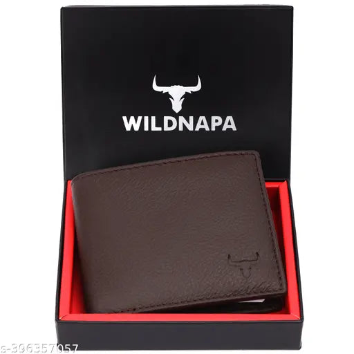 Brown genuine leather men's wallet with 2 compartments, 8 card slots, and hidden pockets. High-quality top grain leather, RFID blocking security, and gift box included. Perfect for festive gifting
