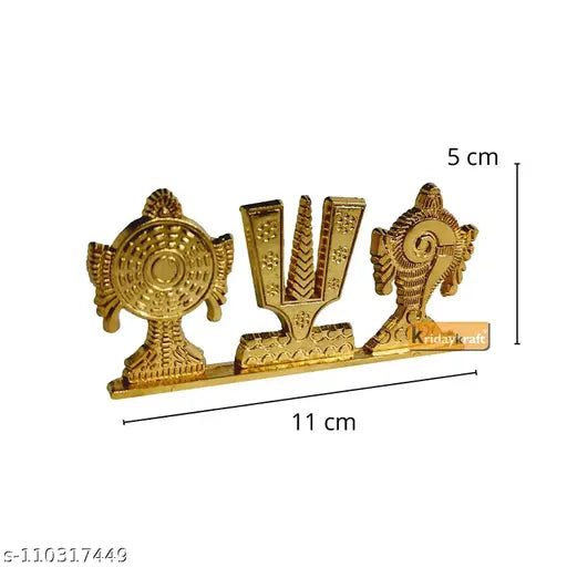 Gold plated antique Balaji symbol stand, Shankh Chakra Namah decorative for car dashboard or home office table showpiece. Hindu religious idol, perfect for gifting on special occasions like marriage anniversary, parents day, or festivals such as Diwali and Raksha Bandhan. Dimensions: 11 x 1 x 5 cm, Material: Metal (Aluminium), Color: Gold. Made in India