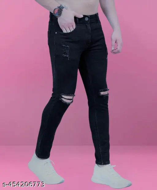 Stylish black denim knee-cut jean, comfortable slim fit for men & boys. Black versatile pants suitable for casual and partywear. Size 26/28/30/32, made in India