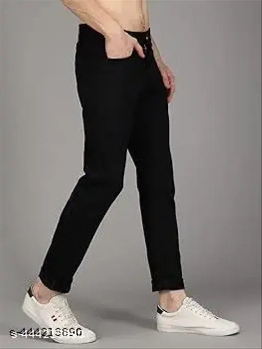 Black Lycra jeans, high-quality, sleek and stylish design, suitable for any outfit. Solid black, slim fit, comfortable and flexible fabric. Size options: 28, 30, 32. Made in India