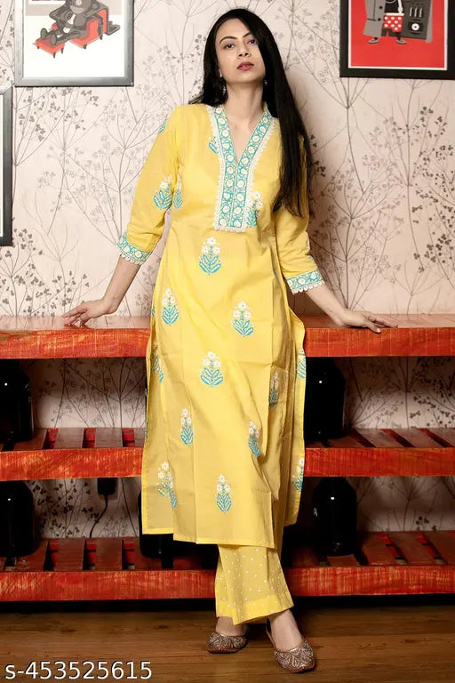 Shri Ram Women's cotton blend straight printed kurta set with palazzos, Indian-style clothing for women in three-quarter sleeves and dupatta
