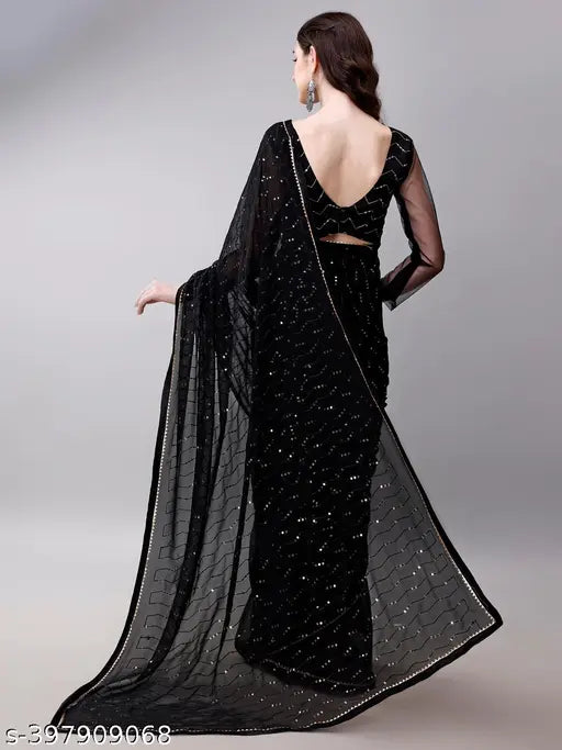 Black sari with embroidery, sheer back design