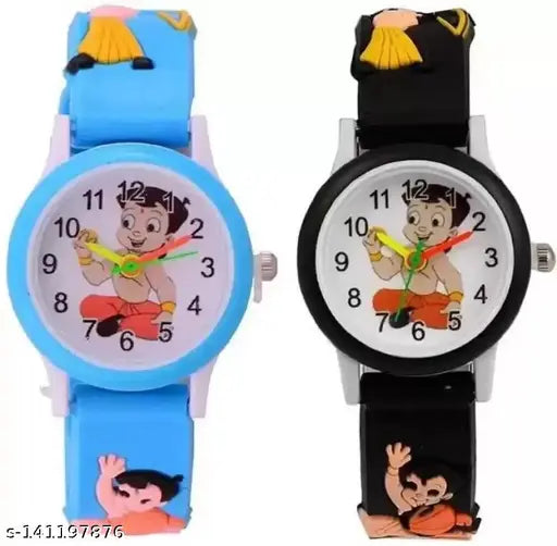 Blue and black Bheem kids watch, analogue net timepiece with dual color strap, free size, made in India