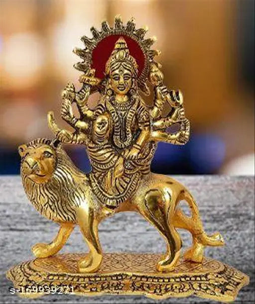 Golden Durga idol, Sherawali style, small height, 12cm, handcrafted