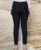 Black stretchable premium denim high-waist jogger jeans for women, featuring an elastic waist and ankle cuffs