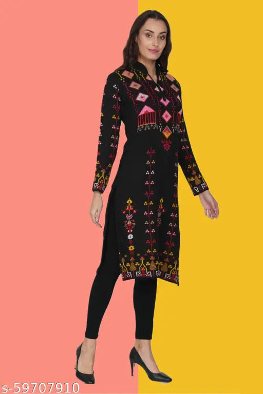 Womens black woollen kameez with straight cut, solid color, and align printed design