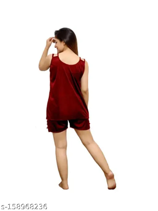 Black and maroon satin tank top and shorts nightsuit, above-knee, sleeveless, trendy and fashionable for women, free size 28-36 inch