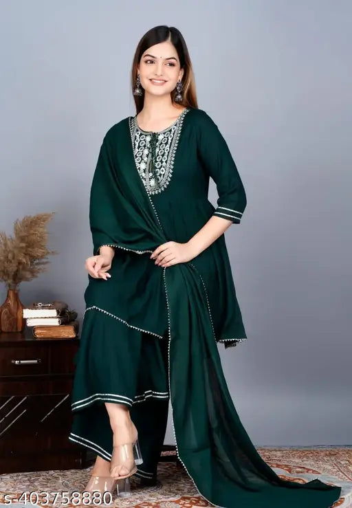 Green rayon embroidered short designer kameez with sharara set, long dupatta