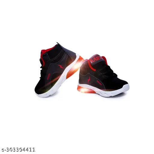 Black and red children's athletic shoes with LED lights