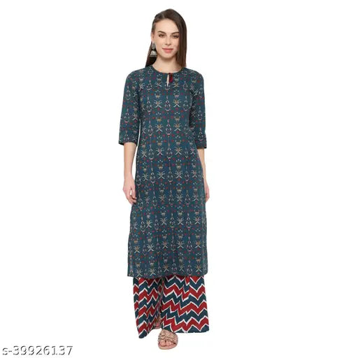 Cotton SHASHVI Women Kurta & Palazzo Set, printed net, three-quarter sleeves - Indian ethnic wear
