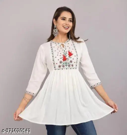 White rayon embroidered net top, three-quarter sleeves, S to XL sizes for women