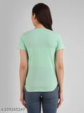 Green cotton blend printed round neck half sleeve t-shirt for women, trendy and casual style on display