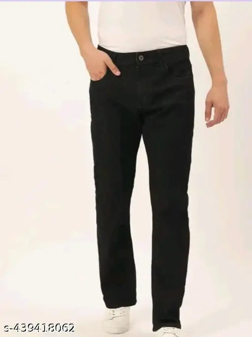 Black denim men's slim-fit jeans with five pockets, solid pattern, and a touch of stretch. Comfortable, stylish, and suitable for various occasions. Size options: 24, 26, 28, 30, 32, 34. Origin: India