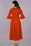 Red rayon straight kurta with three-quarter sleeves, solid design for women on mannequin