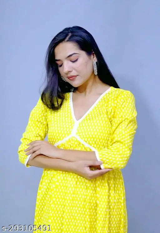Yellow chanderi cotton kameez with long sleeves