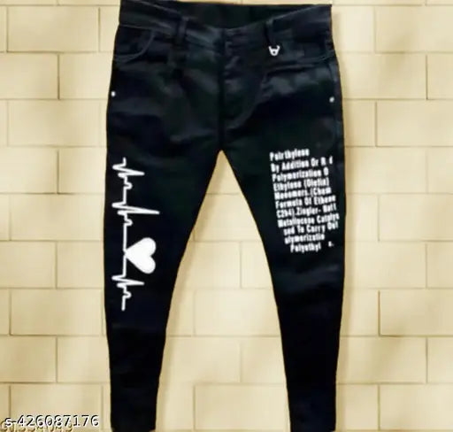 Black printed jeans with heart graphic on leg and 'designer latest' text