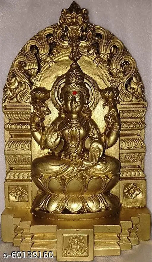 Golden Hindu Goddess Laxmi statue, seated on a lotus throne