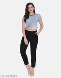 Striped cotton blend crop top T-shirt for women, trendy western wear with short sleeves