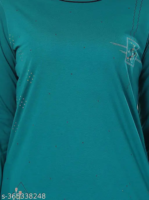 Women's cotton long-sleeved night suit, printed floral design in XL, featuring round neck and pull-on closure