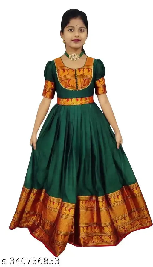 Pastel green cotton silk embroidered south indian gown for kids, suitable for weddings and special occasions