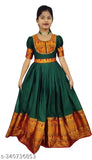 Pastel green cotton silk embroidered south indian gown for kids, suitable for weddings and special occasions