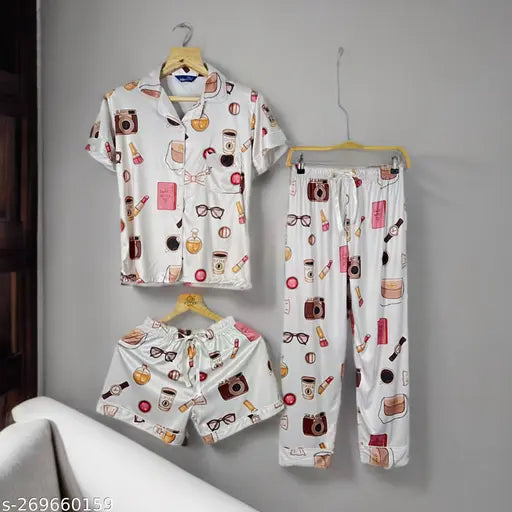 Silk blend printed night suit combo: shirt, pajama, shorts. Indian-made luxury sleepwear set of 3 pieces for a comfortable and shiny look