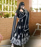Classic Georgette Chikankari Long Sleeve Gown (L), Indian handcrafted women's formal wear