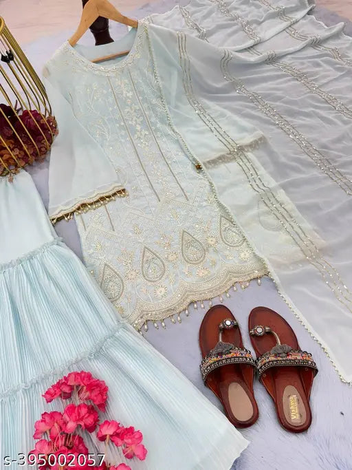 Light blue, faux georgette with heavy embroidery, 3mm sequin work, fancy bell sleeves, heavy latkan