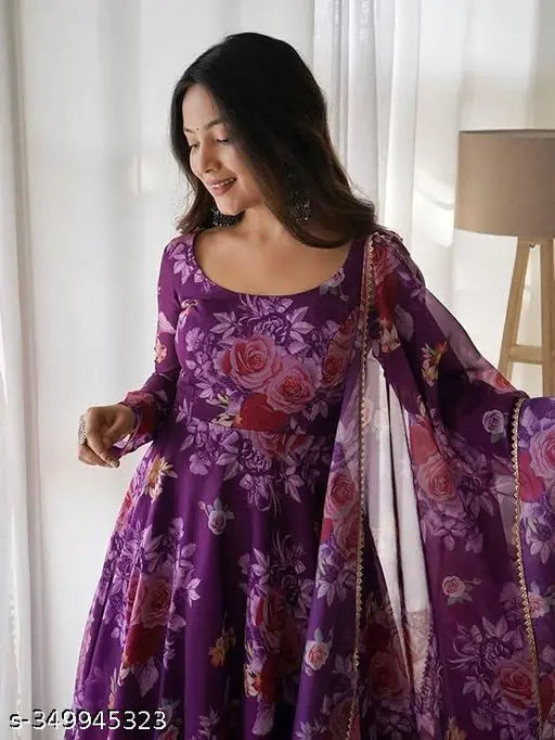 Purple poly georgette printed gown with dupatta for women's parties, weddings, festivals. Long sleeves, hand wash, available in sizes S-XXXL. Made in India