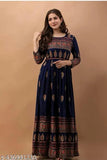 Blue rayon three-quarter sleeve printed gown, new fashion from India