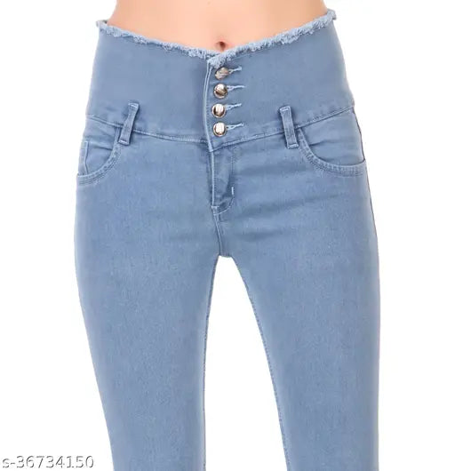Women's slim fit light blue furfur fringed hem jeans, 4 button closure