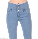 Women's slim fit light blue furfur fringed hem jeans, 4 button closure