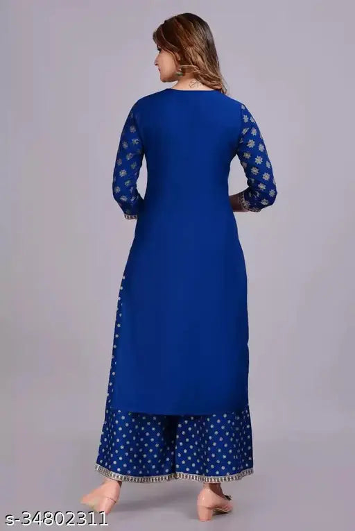 Demirner blue gold print rayon Kurta Palazzo ethnic set - Indian women's three-quarter sleeve rayon set with soft, comfortable palazzos in printed net pattern