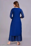 Demirner blue gold print rayon Kurta Palazzo ethnic set - Indian women's three-quarter sleeve rayon set with soft, comfortable palazzos in printed net pattern