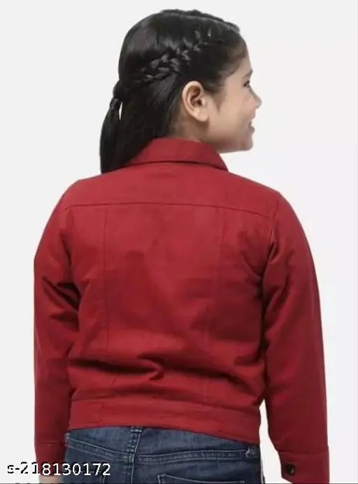 Red denim jacket with zip front closure