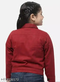 Red denim jacket with zip front closure