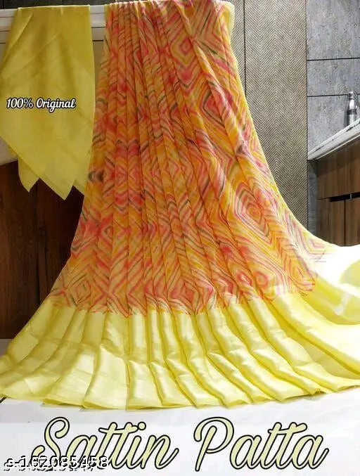 Satin patta saree, bright yellow with red and orange designs
