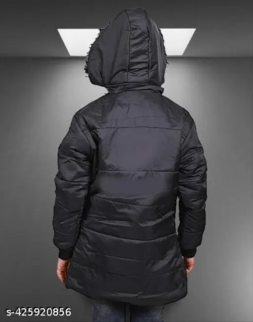 Black padded jacket with a zip front, long sleeves